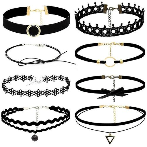 Collier Ras Du Cou Noir 8 Pièces Tour De Cou En Velours Noir, Tour De Cou Gothique Classique Noir