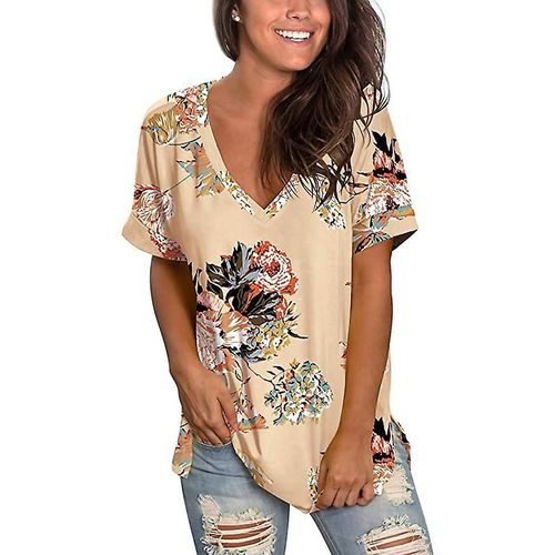 T-Shirt À Manches Courtes Et Col En V Pour Femme, Haut D'été Imprimé, Tunique Fendue Sur Le Côté, 2xl