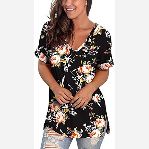T-Shirt À Manches Courtes Et Col En V Pour Femme, Haut D'été Imprimé, Tunique Fendue Sur Le Côté, S