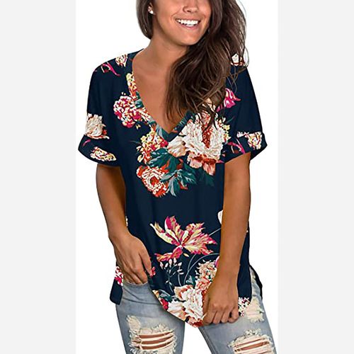 T-Shirt À Manches Courtes Et Col En V Pour Femme, Haut D'été Imprimé, Tunique Fendue Sur Le Côté, S