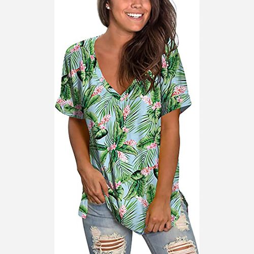 T-Shirt À Manches Courtes Et Col En V Pour Femme, Haut D'été Imprimé, Tunique Fendue Sur Le Côté, S