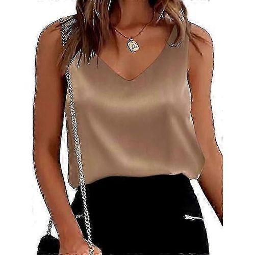 Womens Silk Satin Tank Tops V Neck Casual Cami Sleeveless Camisole Blouses-Xs-Khaki