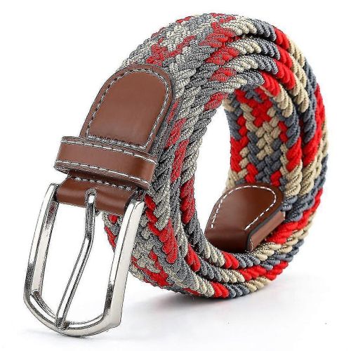 Men Ladies Woven Braided Regular Stretch Casual Belts-130cm-Khaki Red Grey