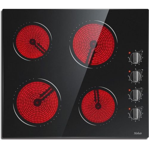 Hobsir Plaque Vitrocéramique 4 Feux, 60Cm Encastrable Plaque De Cuisson Électrique, 9 Niveaux, 6000W, Verre Ceramique Noir, Contrôle Individuel Des Boutons, Pas De Prise, 230V[PLA623122]