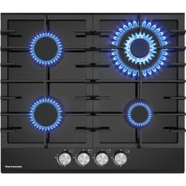 Ghbg604 Plaque De Cuisson Gaz 4 Feuxs, Table De Cuisson Gaz Encastrable 60Cm Avec Brûleurs Wok, Gaz Naturel/Propane, Verre Noir, 8000W[PLA623301]