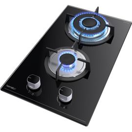 Plaque De Cuisson Gaz 2 Feux Encastrable, 4300W, 30Cm, Gaz Ville Et Bouteille, Verre Noir[PLA623305]