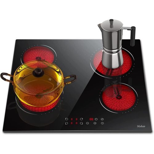 Hobsir Plaque Vitrocéramique 4 Feux, Plaque De Cuisson Vitrocéramique Encastrable 60Cm, 6000W, 9 Niveaux De Puissance, Verrouillage De Sécurité, Fil Dur, Pas De Prise, 240V[PLA623200]