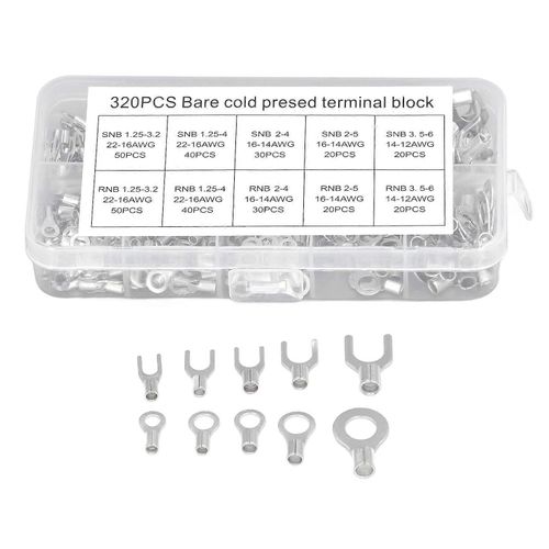 320pcs Ring Terminal Fork Connector Kit Non Isolé Cosses De Câble De Batterie Bornes Électrique Cuivre Fourche À Sertir Ronde
