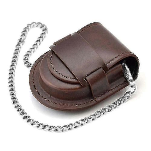 Pochette De Montre En Cuir Porte-Montre De Poche Avec Chaîne Boîte De Montre De Poche Couvercle-Chaîne Argentée-Marron