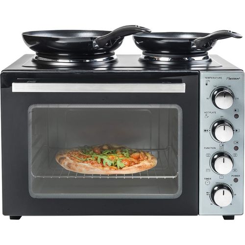 , Cuisinière Grill - Four Avec Plaque De Cuisson Double, Chaleur Supérieure/Inférieure, Circulation D'Air Chaud, Jusqu'À 230°, 3200 Watt, Noir[IND6230532]