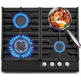 Plaque De Cuisson À Gaz À 4 Feux, 60 Cm, Noire, En Verre Trempé, Avec Supports En Fonte, Convertible Ng/Lpg, Plaque De Cuisson À Gaz Avec Protection Contre La Flamme[IND6231150]
