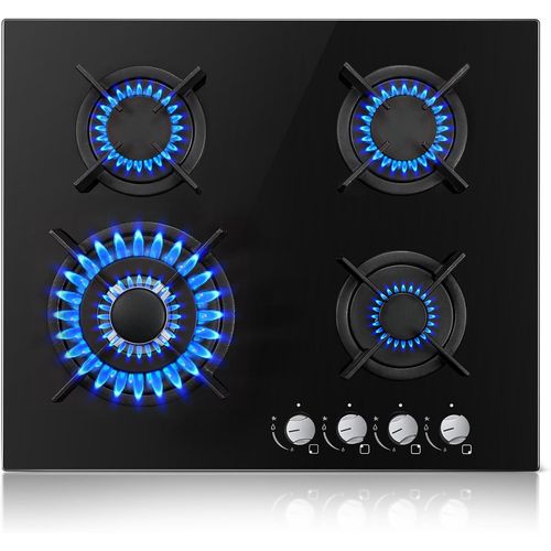 Plaque De Cuisson Gaz 4 Feux, 60Cm Plaque Gaz 4 Feux Avec Sécurité Thermocouple, Cuisinière Encastrable, Naturel/Propane, 8060W, 220-240 V, Verre Noir[IND6231152]