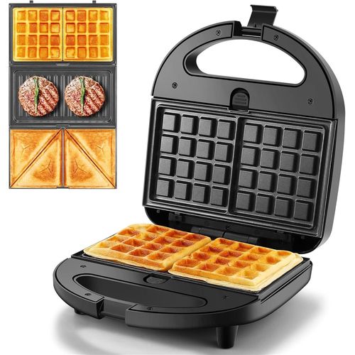Machine À Sandwich 3 En 1, 750 W Gaufrier Et Presse À Paninis, Appareil À Sandwich Avec 3 Plaques Antiadhésives Et Interchangeables, Affichage Led Et Poignée Cool Toucher[IND6230768]