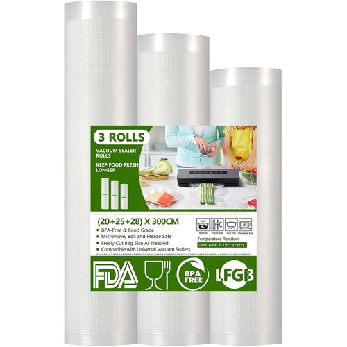 Sac Sous Vide Alimentaire, 3 Rouleaux 28/25/20 X 300Cm Sac Sous Vide, Réutilisable Sachet Sous Vide Alimentaire, Convient À Tous Machine Sous Vide[IND6230405]