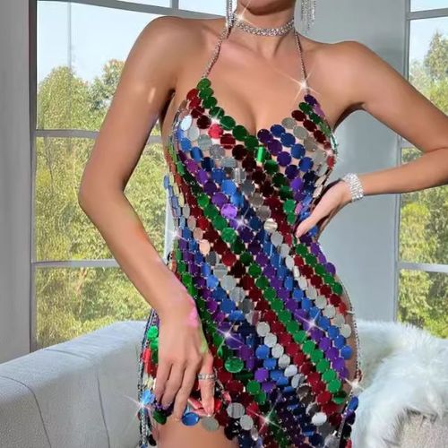 Robe De Costume Sexy À Paillettes Fines Et Dos Nu, Col Licou, Taille Unique