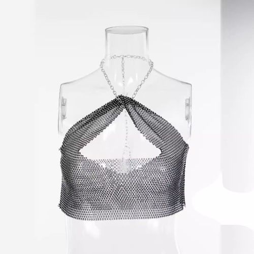 Haut Dos Nu Sexy Moulant Et Extensible En Résille Avec Bretelles Et Strass Pour Femme, Collection Printemps-Été - Miwi - Noir - Taille Unique