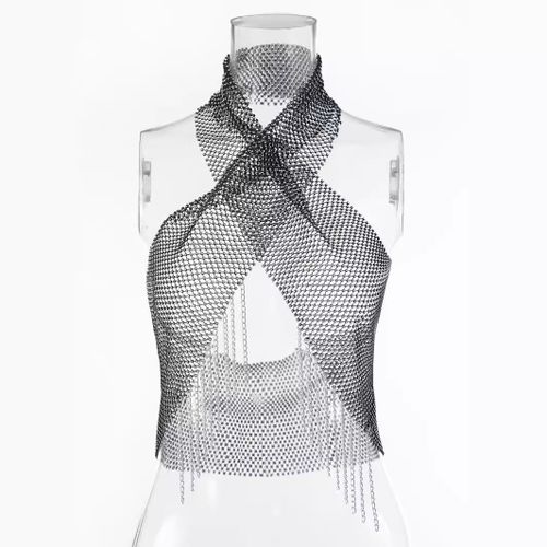 Haut Tube Sexy En Résille Avec Strass Croisés Et Bretelles À Pampilles - Petit Gilet - Miwi - Noir - Taille Unique