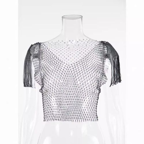 Gilet Sexy Slim En Résille À Pompons Et Diamants Pour Femme - Miwi - Noir - Taille Unique