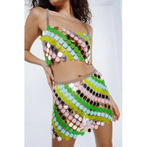 Haut Cache-C?ur Sexy En Acrylique Pailleté Multicolore, Coutures Fantaisie, Petite Jupe Gilet-Miwi-Tops-Taille Unique