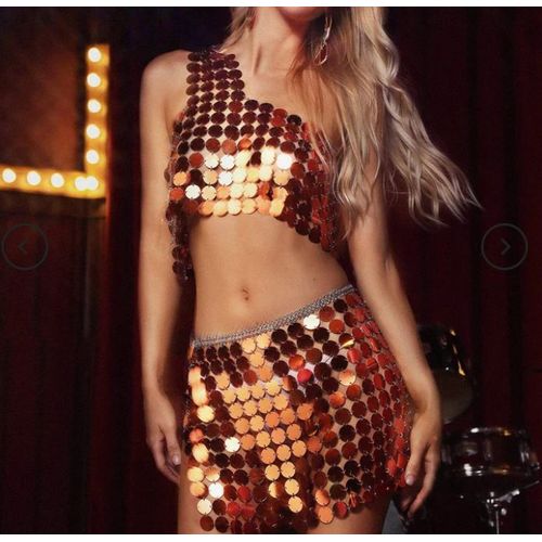 Haut Sexy En Acrylique À Paillettes, Coutures Faites À La Main, Petite Jupe Gilet-Miwi-Couleur De L'image-Taille Unique