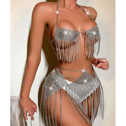Jupe Gilet Super Courte En Tissu Diamant Incrusté De Strass, Chaîne À Pompons Connectée Au Col Licou, Nombril Exposé, Jupe Miwi, Taille Unique