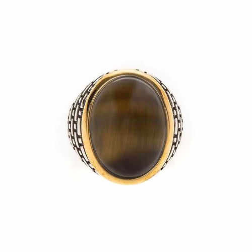 Bague Homme ?Il Argent Pierre ?Il De Tigre Serti Doré
