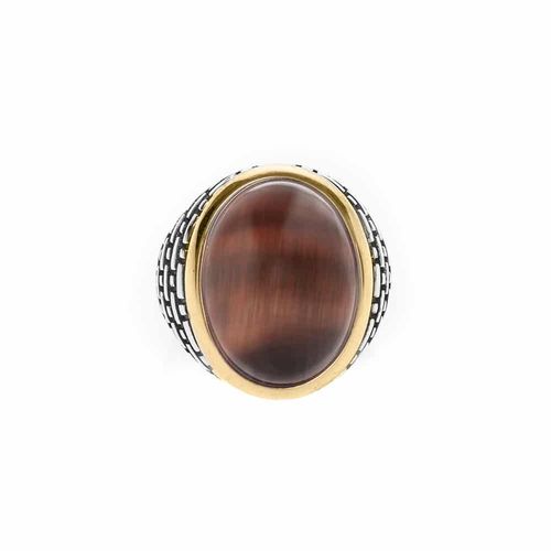 Bague Homme ?Il Argent Doré Pierre ?Il De Tigre Rouge