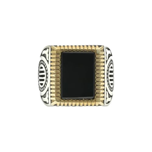 Chevalière Homme Argent Doré Rock Love Agate Noire
