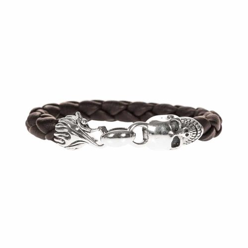 Bracelet Homme Cuir Tête De Mort Marron Et Argent