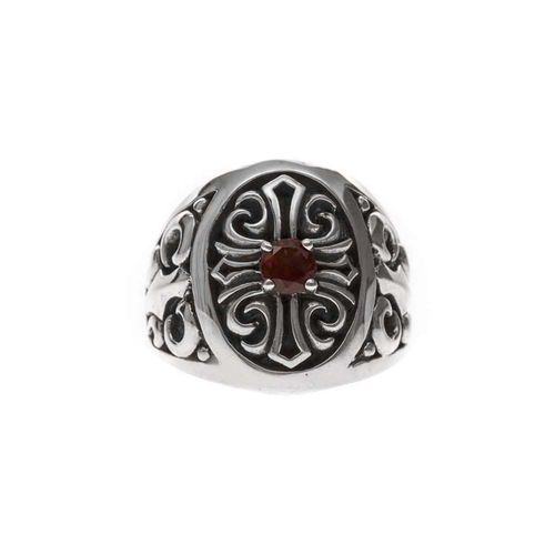 Chevalière Croix Pierre ?Il De Tigre Rouge Argent