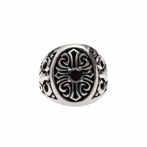 Chevalière Homme Croix Pierre Noire Argent