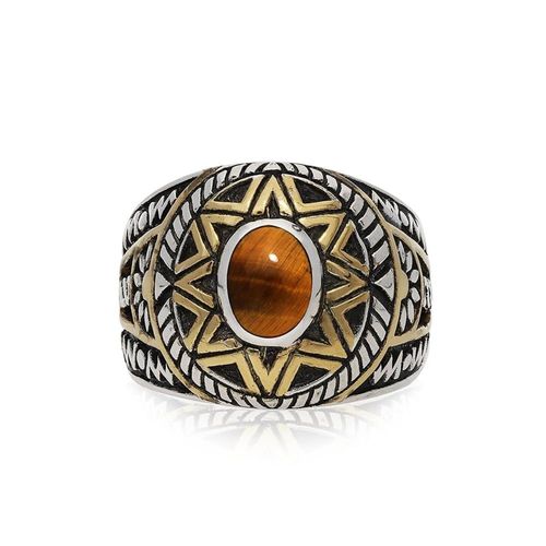 Bague Homme Argent Soleil Ethnique ?Il De Tigre Argent Doré