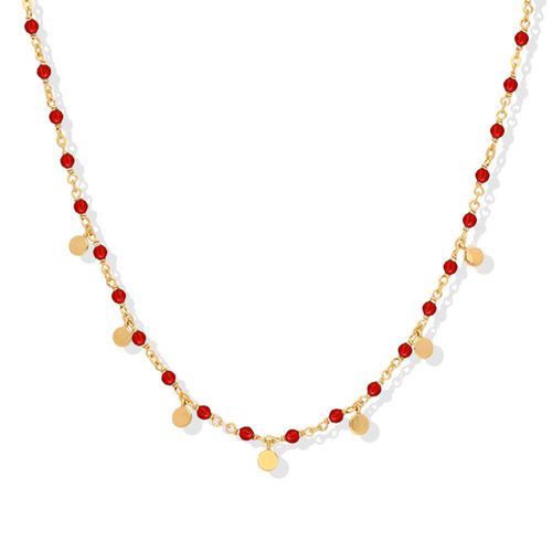 Collier Argent Doré Petites Perles Pampilles Et Pierre Onyx Rouge