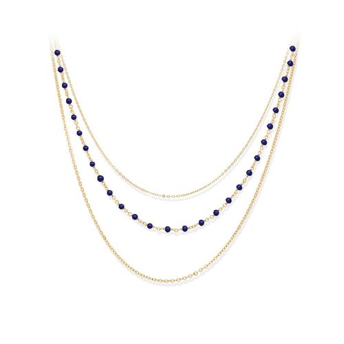 Collier Triple Argent Doré Petite Perles Pierre Lapis