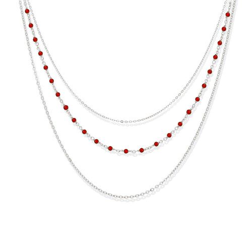 Collier Argent Rhodier Triple Collier Petite Perles Pierre Onyx Rouge