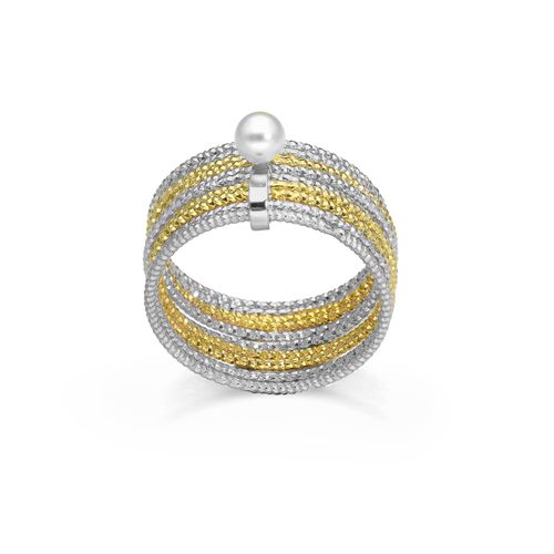 Bague En Argent Rhodié Et Doré Bicolore Multi Cercles Avec Perle Naturelle