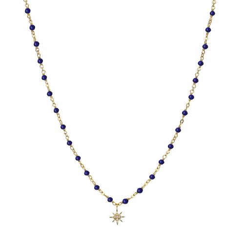 Collier Argent Doré Étoile En Zirconium Blanc Et Pierres Lapis