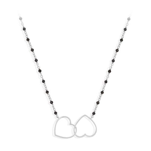 Collier Argent Rhodié Double C?Ur Et Pierre Spinelle Noire