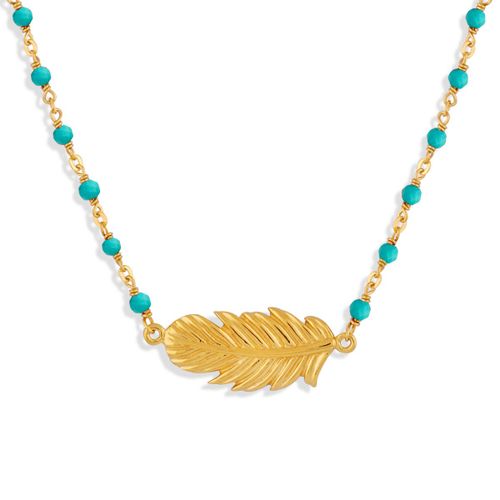 Collier Argent Doré Plume Et Turquoise