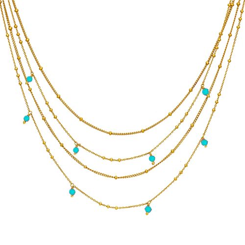 Collier Argent Doré Multiples Chaine Et Pierres Naturelles Turquoise