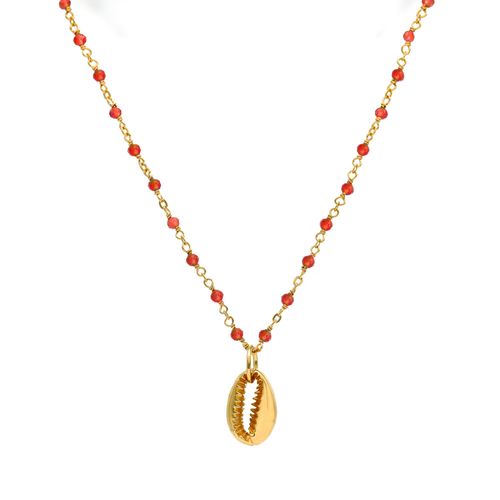 Collier Chaine En Argent Doré Avec Pierres Naturelles Onyx Rouge Et Coquillage
