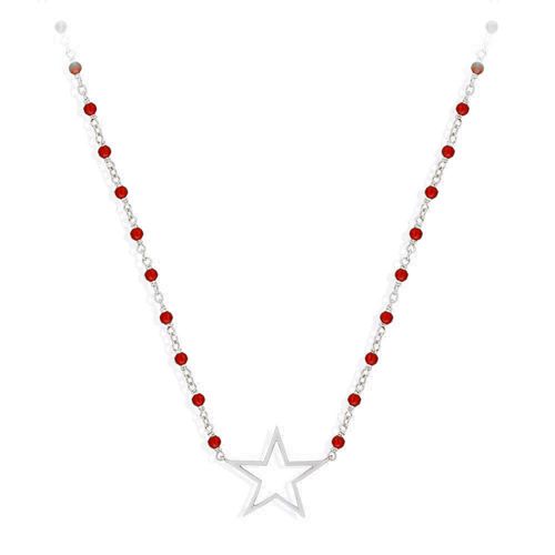 Collier Argent Rhodié Étoile Et Pierre Rouge