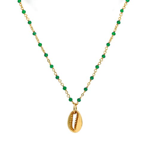 Collier Chaine En Argent Doré Avec Pierres Naturelles Onyx Vert Et Coquillage