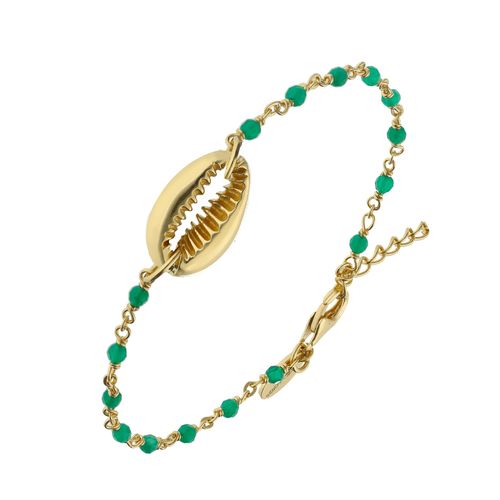 Bracelet Chaine En Argent Doré Avec Pierres Naturelles Onyx Vert Et Coquillage