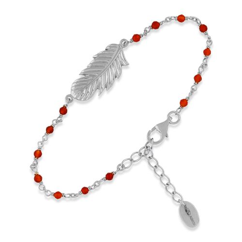 Bracelet En Argent Rhodier Plume Pierres Rouge