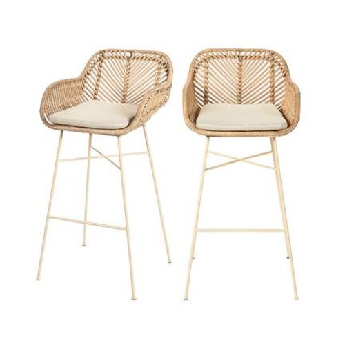 Drawer - Nunuhai - Lot De 2 Tabourets De Bar En Rotin Pieds Beiges 76cm  - Beige