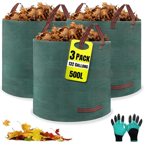 KYAOAYO-3 X 500L Sacs De Jardin, Sacs À Déchets De Jardin Gants Inclus, 4 Poignées, Autonome, Imperméable, Sac À Feuilles Durable Et Résistant À La Corrosion, Adapté Aux Déchets De Jardin (3X500L)