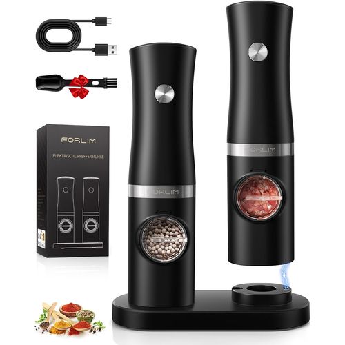 KYAOAYO-Ensemble De Moulin À Poivre Électrique Avec Base Rechargeable Usb, Moulin À Sel En Acier Inoxydable Avec Grossièreté Réglable, Salières Et Poivrière, Meulage Céramique À Grande Vitesse(Noir)