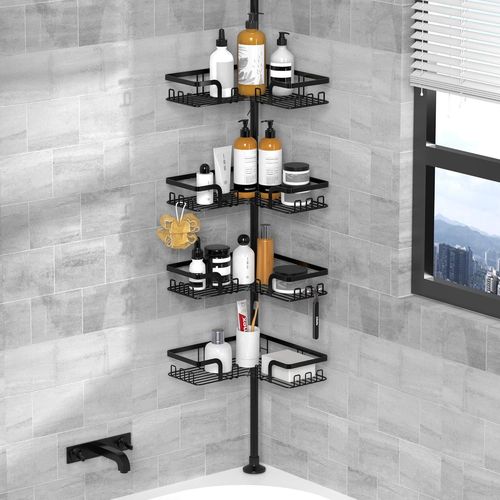 Kyaoayo-Etagere Douche Telescopique - Etagere Douche Angle Etagere Angle Salle De Bain Etagere De Douche Sans Percage Support Savon Crochet Douche(Noir, Inox)