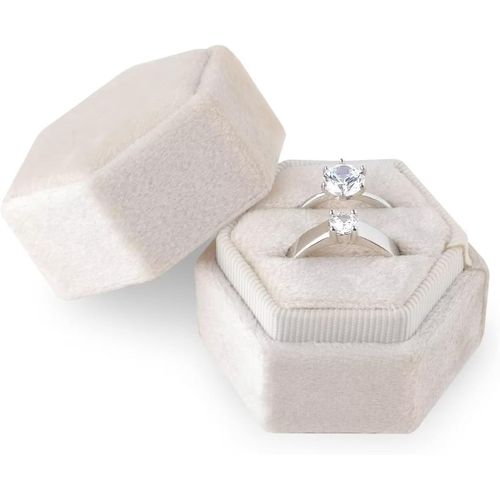 Kyaoayo-Boîte À Bagues En Velours, Pour Bijoux Fentes Doubles Hexagone Boîte À Bague Pour Fiançailles Cérémonie Mariage Saint Valentin Tenant 2 Bagues (Beige)
